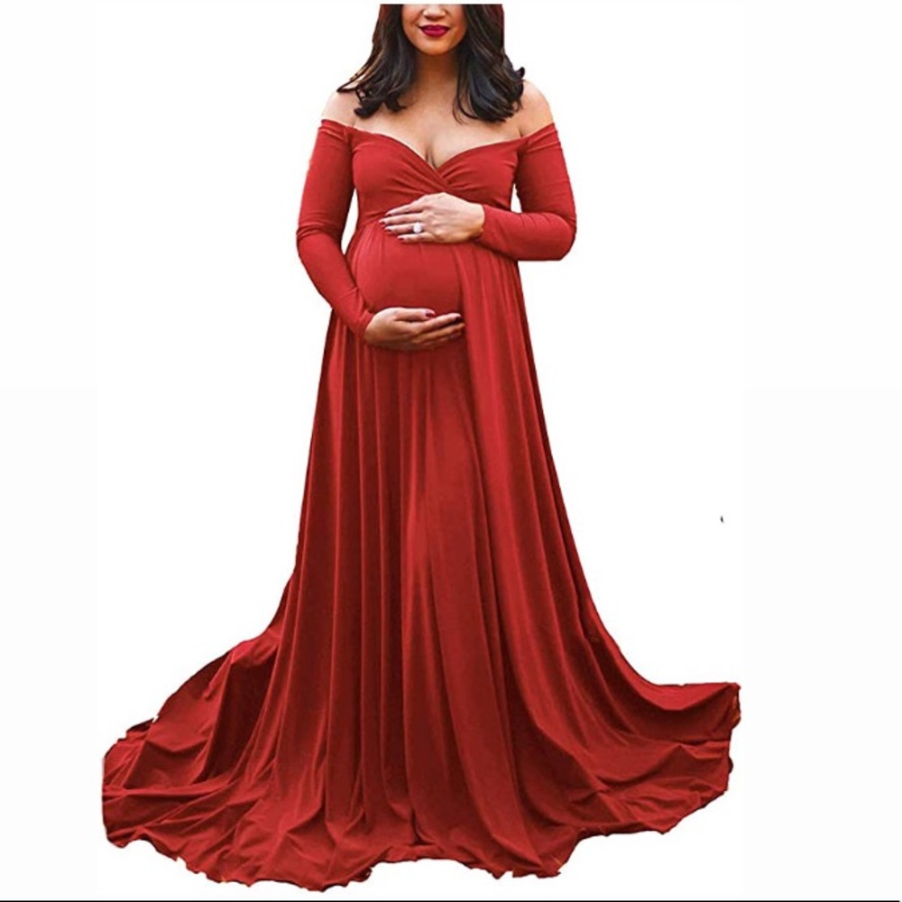 Red Maternity Off Shoulders Dress. Pregnancy dress